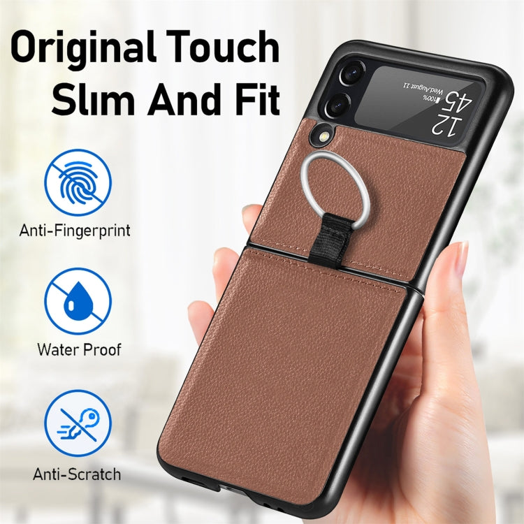 For Samsung Galaxy Z Flip3 5G Litchi Pattern Folding Phone Case with Ring Buckle(Brown)
