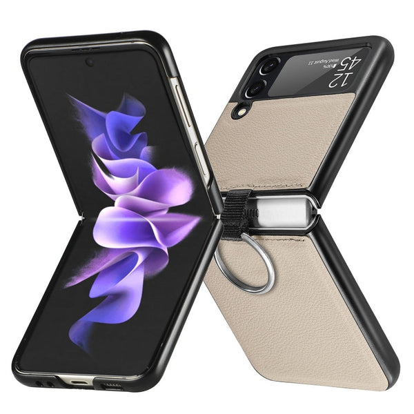 For Samsung Galaxy Z Flip3 5G Litchi Pattern Folding Phone Case with Ring Buckle(Grey)
