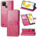 For OPPO Realme C21Y Four-leaf Clasp Embossed Leather Case with Lanyard & Card Slot & Wallet & Holder(Rose Red)