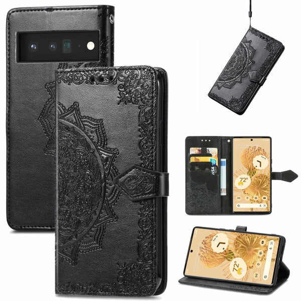For Google Pixel 6 Mandala Embossing Pattern Horizontal Flip Leather Case with Holder & Card Slots & Wallet & Lanyard(Black)