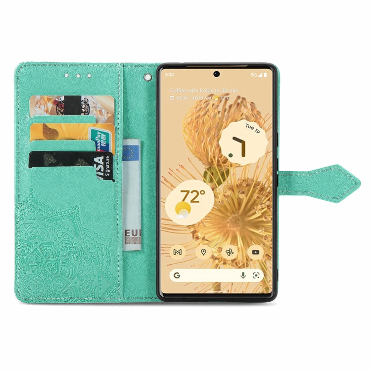 For Google Pixel 6 Mandala Embossing Pattern Horizontal Flip Leather Case with Holder & Card Slots & Wallet & Lanyard(Green)