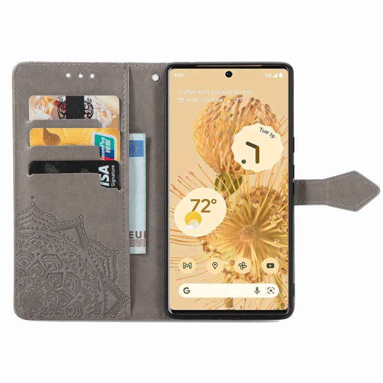 For Google Pixel 6 Mandala Embossing Pattern Horizontal Flip Leather Case with Holder & Card Slots & Wallet & Lanyard(Gray)