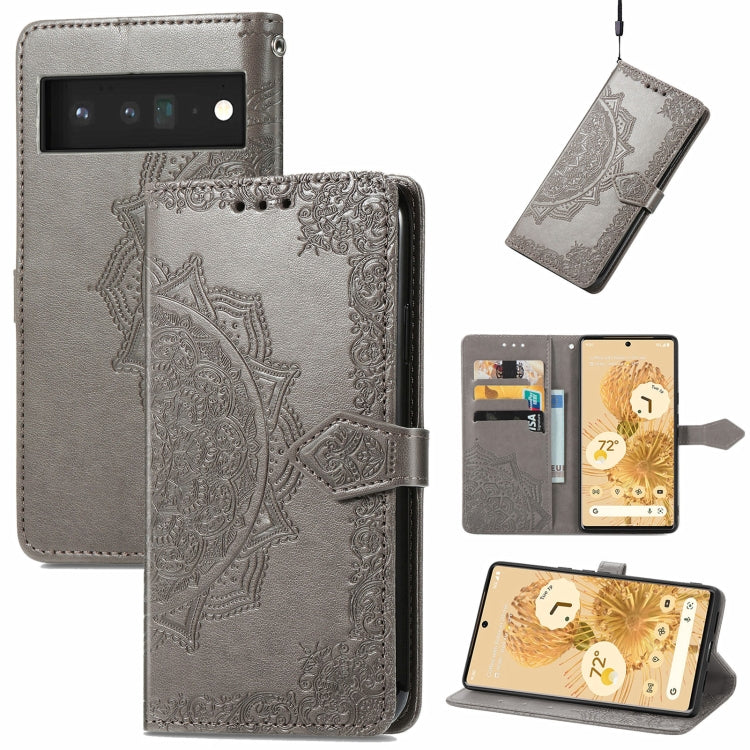 For Google Pixel 6 Mandala Embossing Pattern Horizontal Flip Leather Case with Holder & Card Slots & Wallet & Lanyard(Gray)