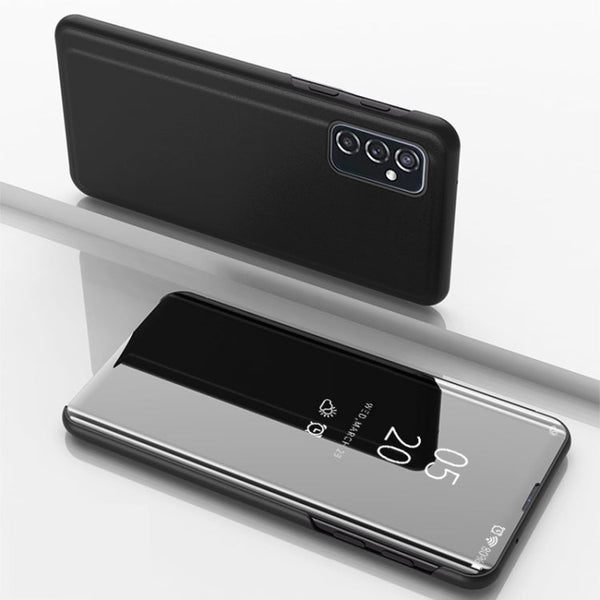 For Samsung Galaxy M52 5G Plated Mirror Horizontal Flip Leather Case with Holder(Black)