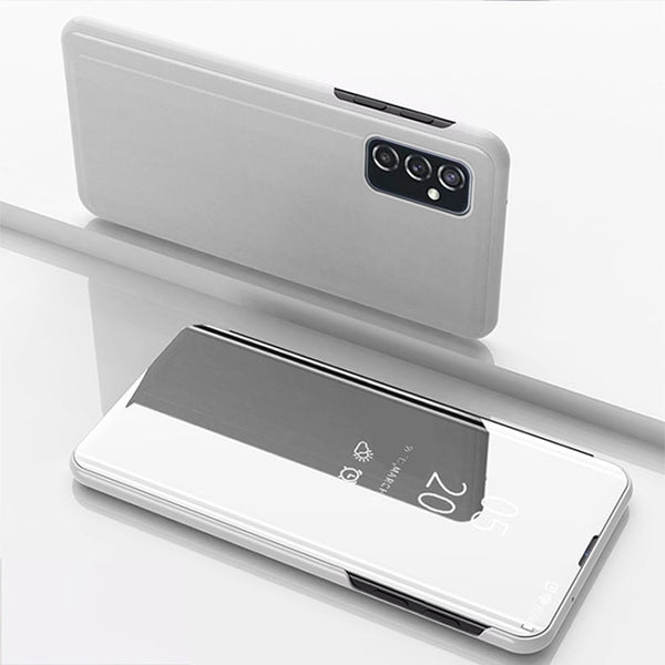 For Samsung Galaxy M52 5G Plated Mirror Horizontal Flip Leather Case with Holder(Silver)