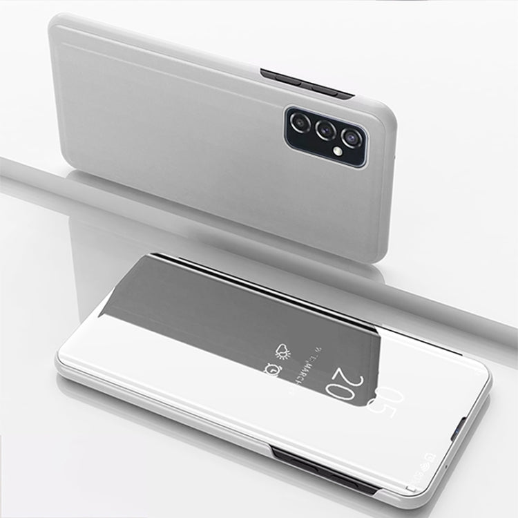 For Samsung Galaxy M52 5G Plated Mirror Horizontal Flip Leather Case with Holder(Silver)