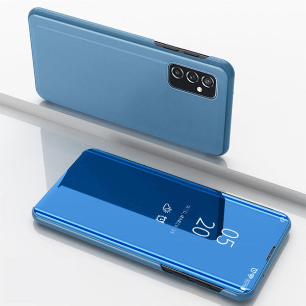 For Samsung Galaxy M52 5G Plated Mirror Horizontal Flip Leather Case with Holder(Blue)