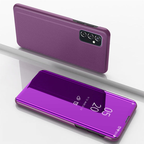 For Samsung Galaxy M52 5G Plated Mirror Horizontal Flip Leather Case with Holder(Purple)