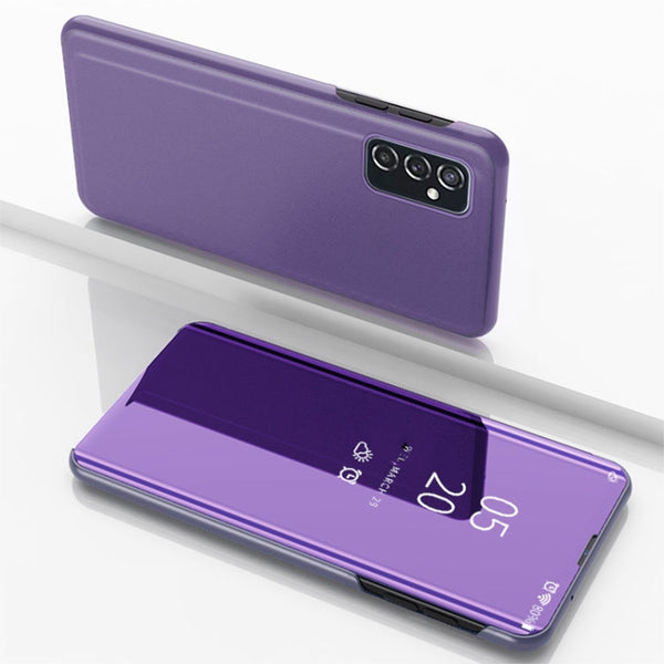 For Samsung Galaxy M52 5G Plated Mirror Horizontal Flip Leather Case with Holder(Purple Blue)