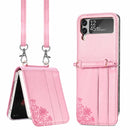 For Samsung Galaxy Z Flip 3 5G Diagonal Lanyard Embossed Card Phone Case(Pink)
