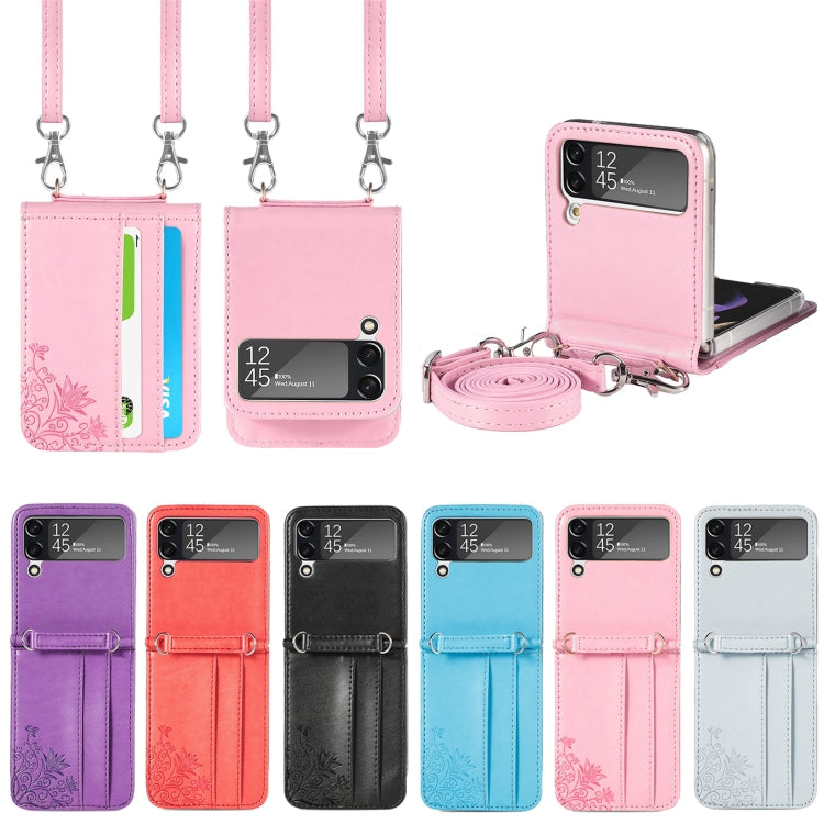 For Samsung Galaxy Z Flip 5G Diagonal Lanyard Embossed Card Phone Case(Pink)