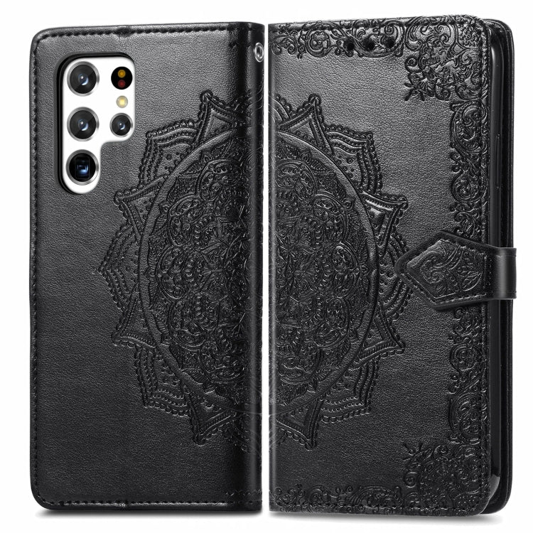 For Samsung Galaxy S22 Ultra 5G Mandala Flower Embossed Horizontal Flip Leather Case with Holder & Card Slots & Wallet & Lanyard(Black)