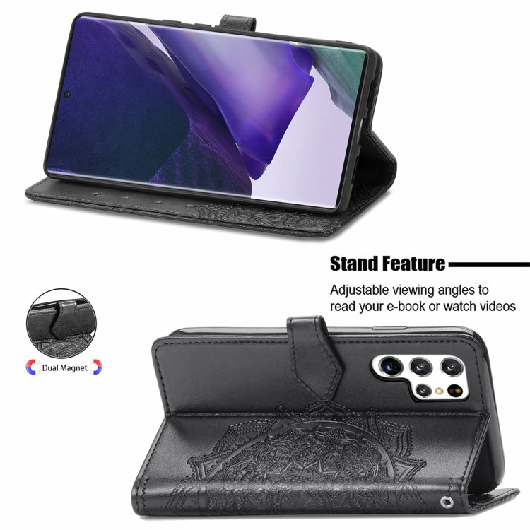 For Samsung Galaxy S22 Ultra 5G Mandala Flower Embossed Horizontal Flip Leather Case with Holder & Card Slots & Wallet & Lanyard(Black)