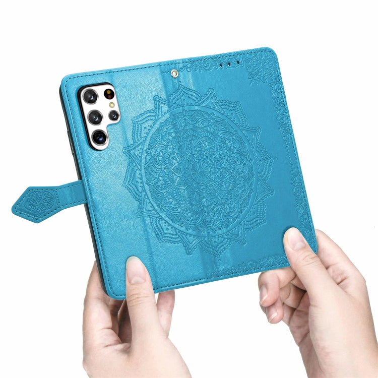 For Samsung Galaxy S22 Ultra 5G Mandala Flower Embossed Horizontal Flip Leather Case with Holder & Card Slots & Wallet & Lanyard(Blue)