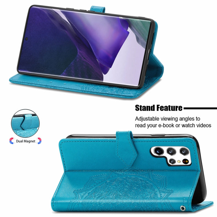 For Samsung Galaxy S22 Ultra 5G Mandala Flower Embossed Horizontal Flip Leather Case with Holder & Card Slots & Wallet & Lanyard(Blue)