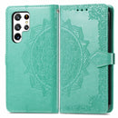 For Samsung Galaxy S22 Ultra 5G Mandala Flower Embossed Horizontal Flip Leather Case with Holder & Card Slots & Wallet & Lanyard(Green)