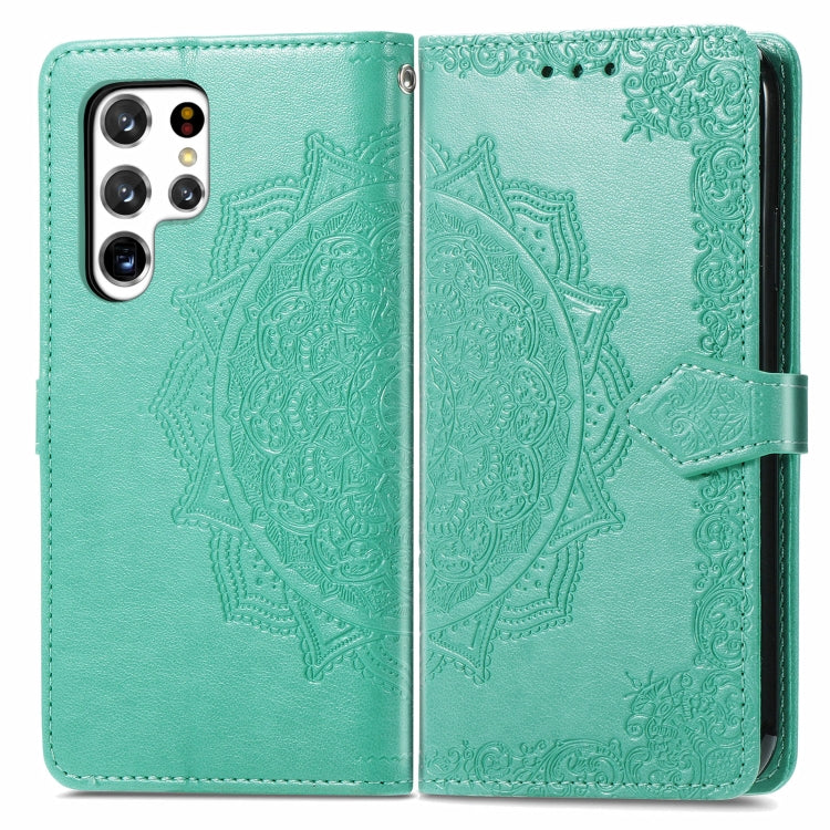 For Samsung Galaxy S22 Ultra 5G Mandala Flower Embossed Horizontal Flip Leather Case with Holder & Card Slots & Wallet & Lanyard(Green)