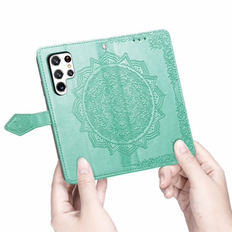 For Samsung Galaxy S22 Ultra 5G Mandala Flower Embossed Horizontal Flip Leather Case with Holder & Card Slots & Wallet & Lanyard(Green)