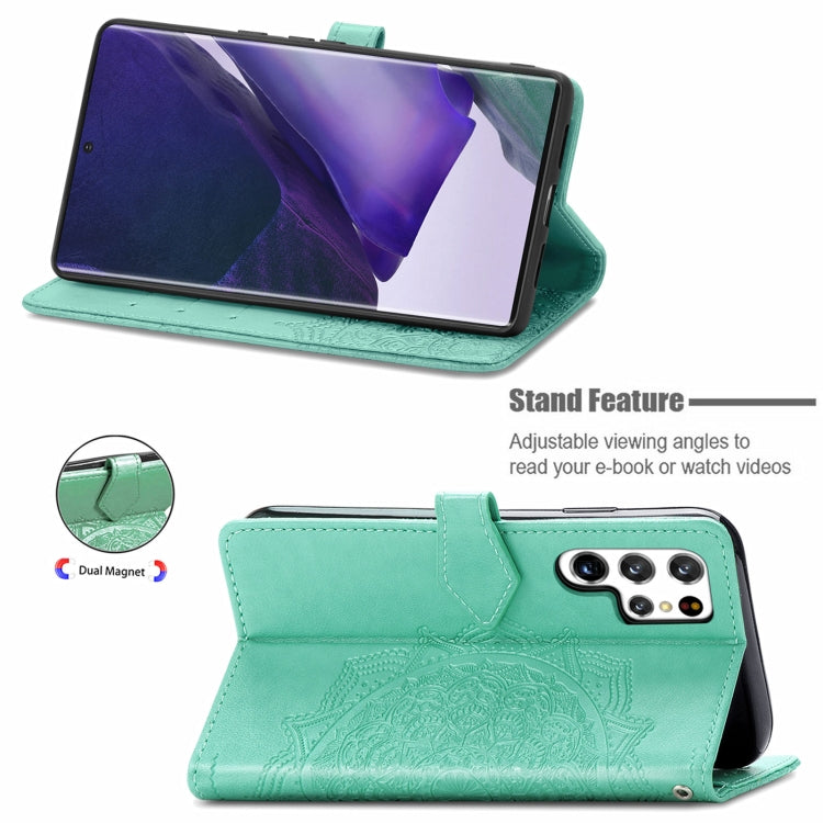 For Samsung Galaxy S22 Ultra 5G Mandala Flower Embossed Horizontal Flip Leather Case with Holder & Card Slots & Wallet & Lanyard(Green)