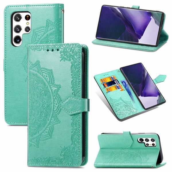 For Samsung Galaxy S22 Ultra 5G Mandala Flower Embossed Horizontal Flip Leather Case with Holder & Card Slots & Wallet & Lanyard(Green)