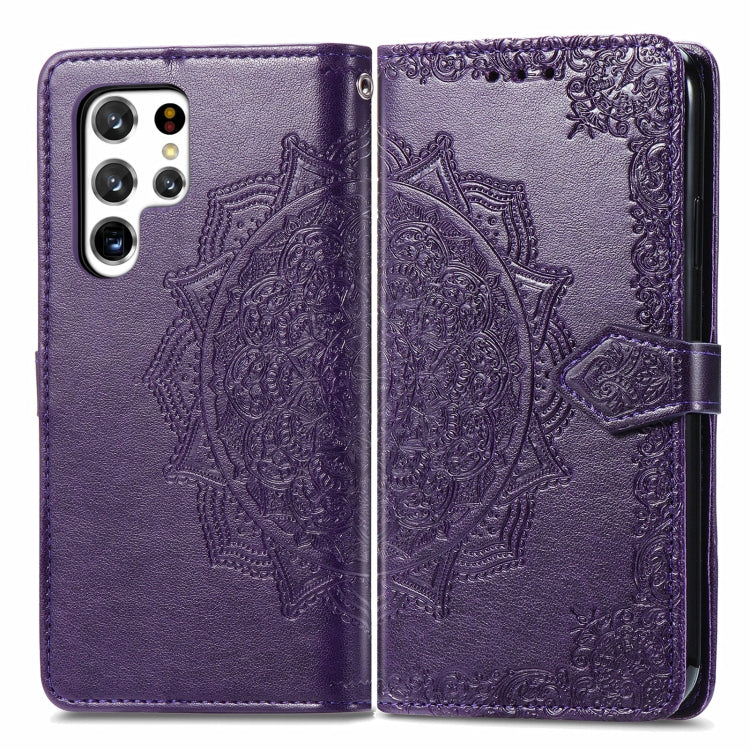 For Samsung Galaxy S22 Ultra 5G Mandala Flower Embossed Horizontal Flip Leather Case with Holder & Card Slots & Wallet & Lanyard(Purple)