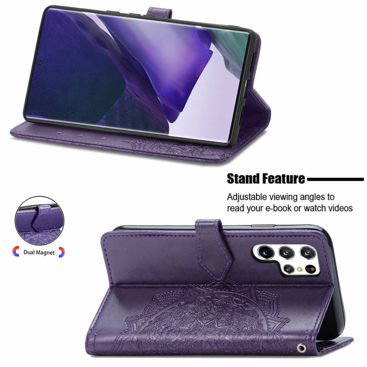 For Samsung Galaxy S22 Ultra 5G Mandala Flower Embossed Horizontal Flip Leather Case with Holder & Card Slots & Wallet & Lanyard(Purple)