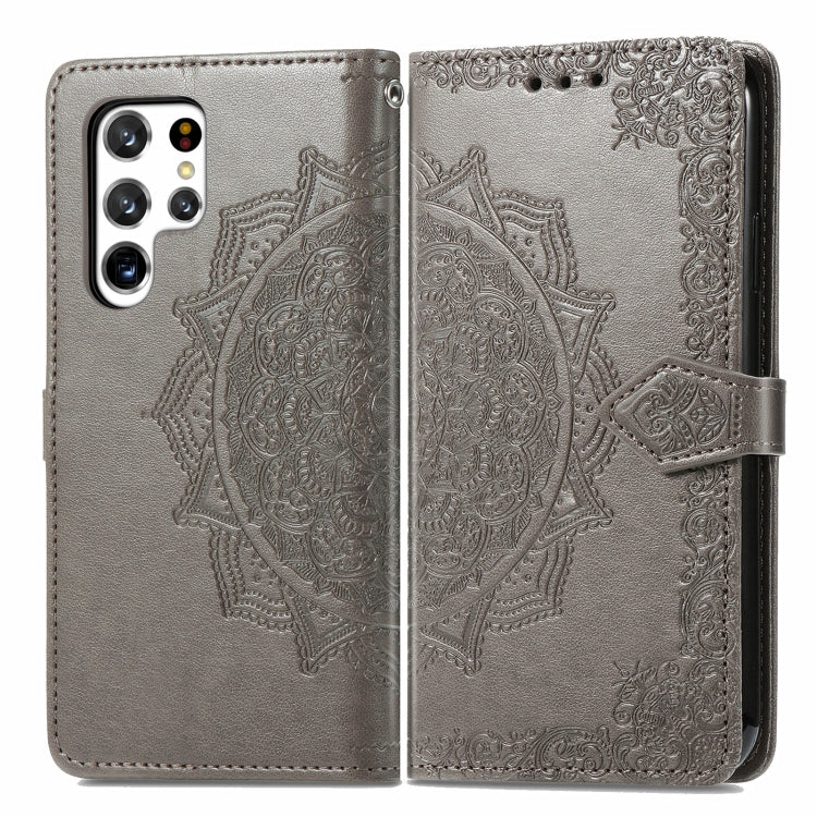 For Samsung Galaxy S22 Ultra 5G Mandala Flower Embossed Horizontal Flip Leather Case with Holder & Card Slots & Wallet & Lanyard(Gray)