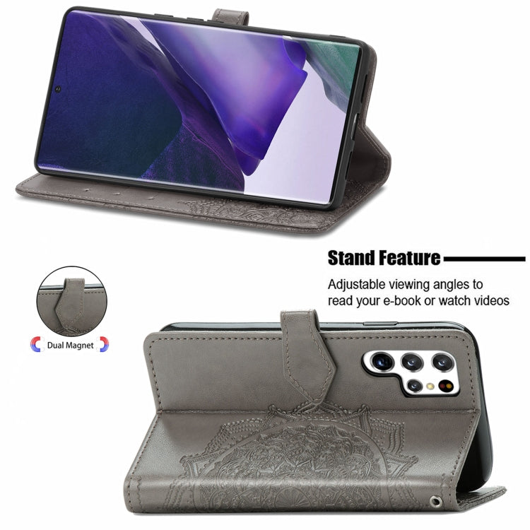 For Samsung Galaxy S22 Ultra 5G Mandala Flower Embossed Horizontal Flip Leather Case with Holder & Card Slots & Wallet & Lanyard(Gray)