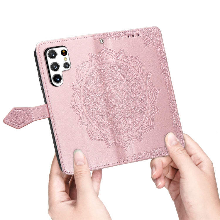 For Samsung Galaxy S22 Ultra 5G Mandala Flower Embossed Horizontal Flip Leather Case with Holder & Card Slots & Wallet & Lanyard(Rose Gold)