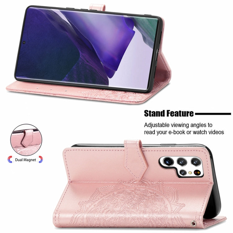 For Samsung Galaxy S22 Ultra 5G Mandala Flower Embossed Horizontal Flip Leather Case with Holder & Card Slots & Wallet & Lanyard(Rose Gold)