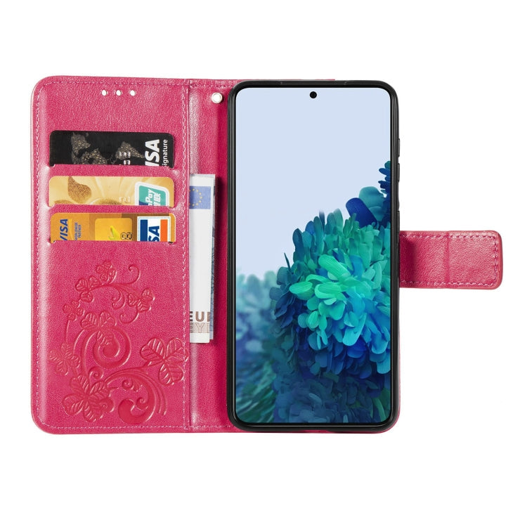 For Samsung Galaxy S22 5G Four-leaf Clasp Embossed Leather Phone Case with Lanyard & Card Slot & Wallet & Bracket Function(Magenta)