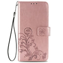 For Samsung Galaxy S22 5G Four-leaf Clasp Embossed Leather Phone Case with Lanyard & Card Slot & Wallet & Bracket Function(Rose Gold)