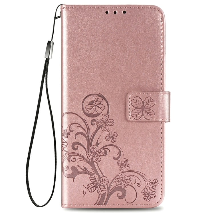 For Samsung Galaxy S22 5G Four-leaf Clasp Embossed Leather Phone Case with Lanyard & Card Slot & Wallet & Bracket Function(Rose Gold)