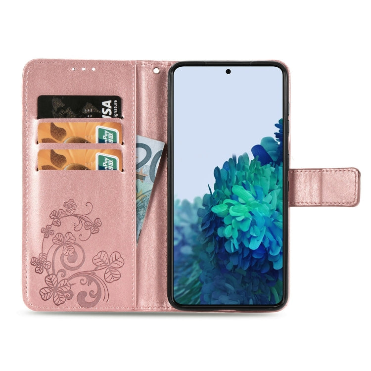 For Samsung Galaxy S22 5G Four-leaf Clasp Embossed Leather Phone Case with Lanyard & Card Slot & Wallet & Bracket Function(Rose Gold)