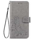 For Samsung Galaxy S22 5G Four-leaf Clasp Embossed Leather Phone Case with Lanyard & Card Slot & Wallet & Bracket Function(Grey)