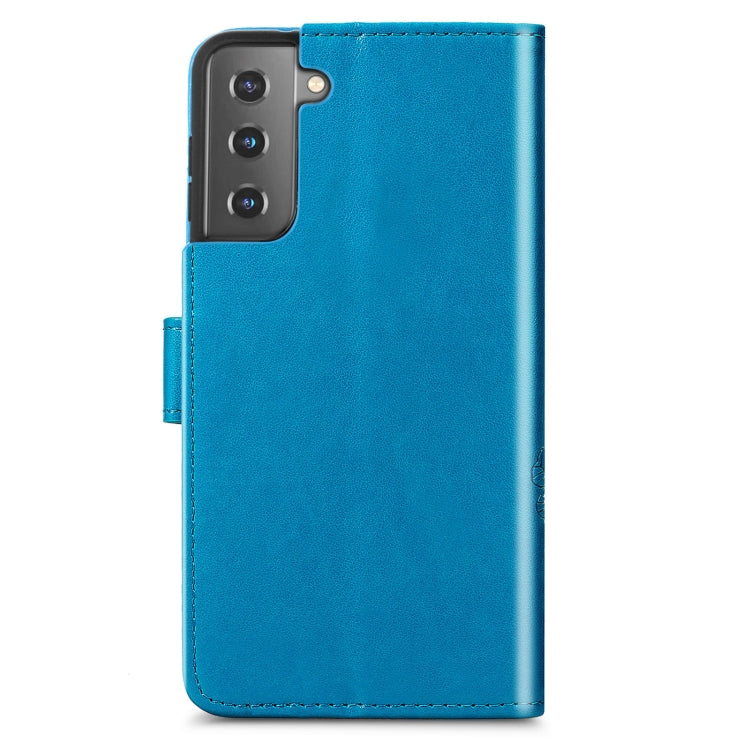 For Samsung Galaxy S22 5G Four-leaf Clasp Embossed Leather Phone Case with Lanyard & Card Slot & Wallet & Bracket Function(Blue)