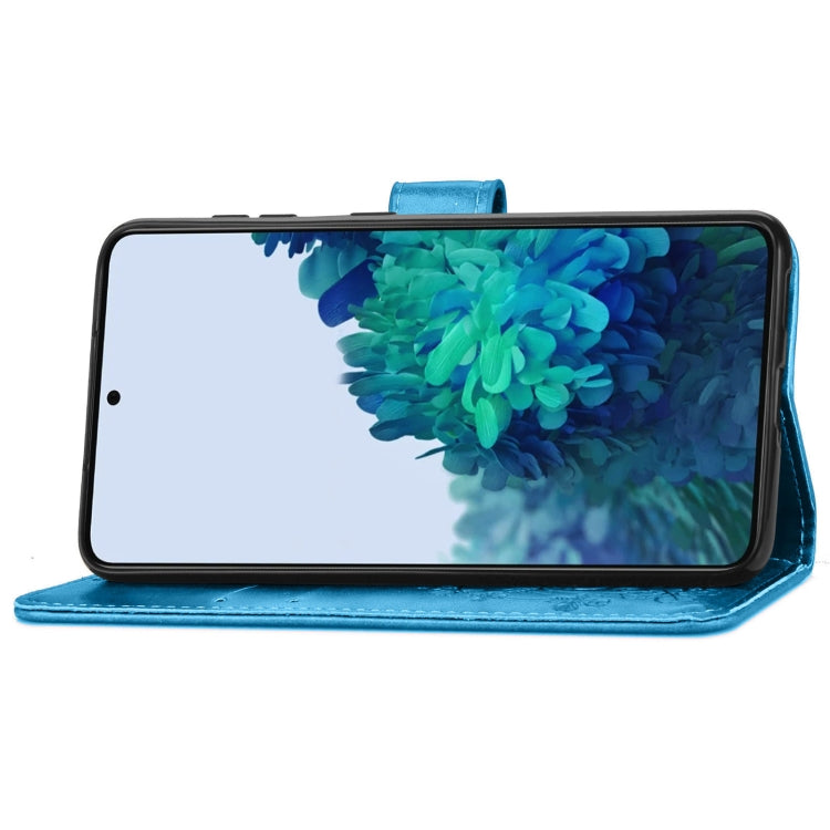 For Samsung Galaxy S22 5G Four-leaf Clasp Embossed Leather Phone Case with Lanyard & Card Slot & Wallet & Bracket Function(Blue)