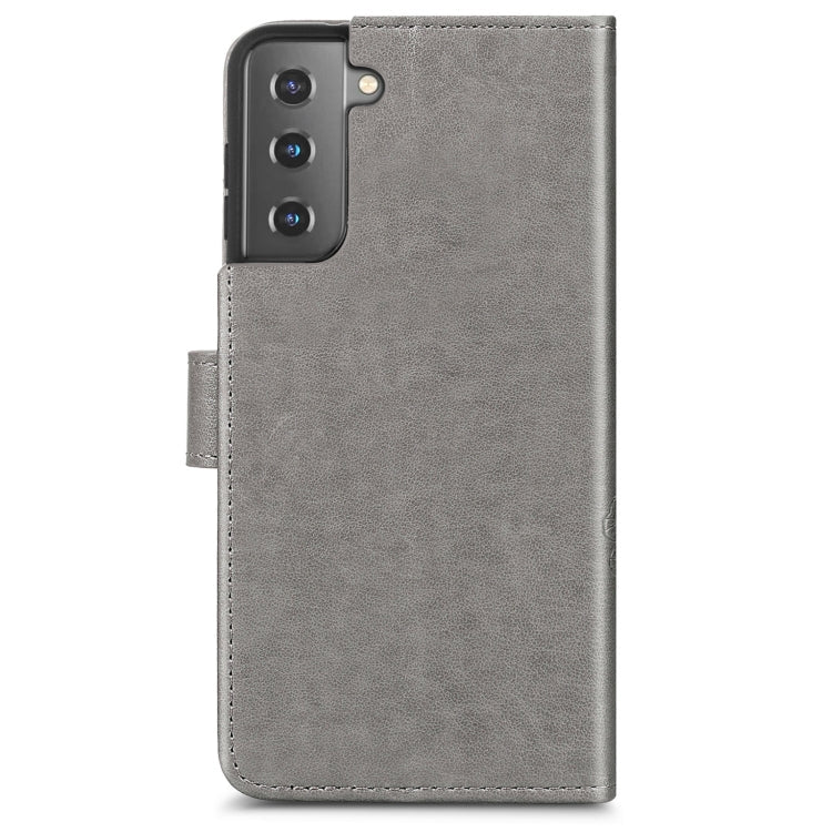 For Samsung Galaxy S22+ 5G Four-leaf Clasp Embossed Leather Phone Case with Lanyard & Card Slot & Wallet & Bracket Function(Grey)