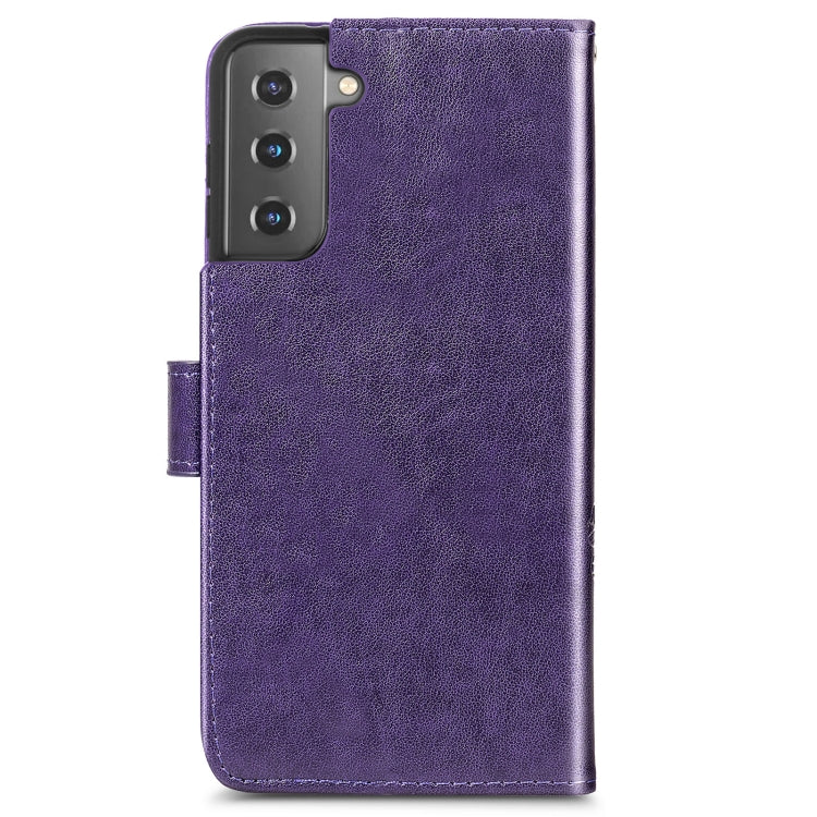 For Samsung Galaxy S22+ 5G Four-leaf Clasp Embossed Leather Phone Case with Lanyard & Card Slot & Wallet & Bracket Function(Purple)