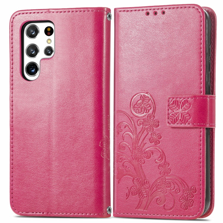 For Samsung Galaxy S22 Ultra 5G Four-leaf Clasp Embossed Leather Phone Case with Lanyard & Card Slot & Wallet & Bracket Function(Magenta)