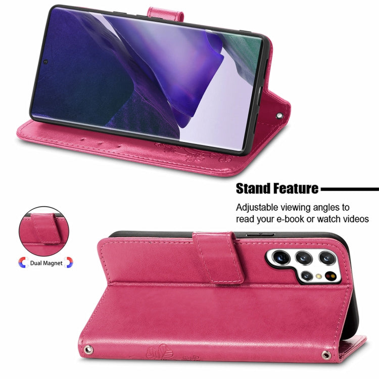 For Samsung Galaxy S22 Ultra 5G Four-leaf Clasp Embossed Leather Phone Case with Lanyard & Card Slot & Wallet & Bracket Function(Magenta)