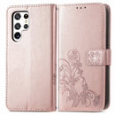 For Samsung Galaxy S22 Ultra 5G Four-leaf Clasp Embossed Leather Phone Case with Lanyard & Card Slot & Wallet & Bracket Function(Rose Gold)