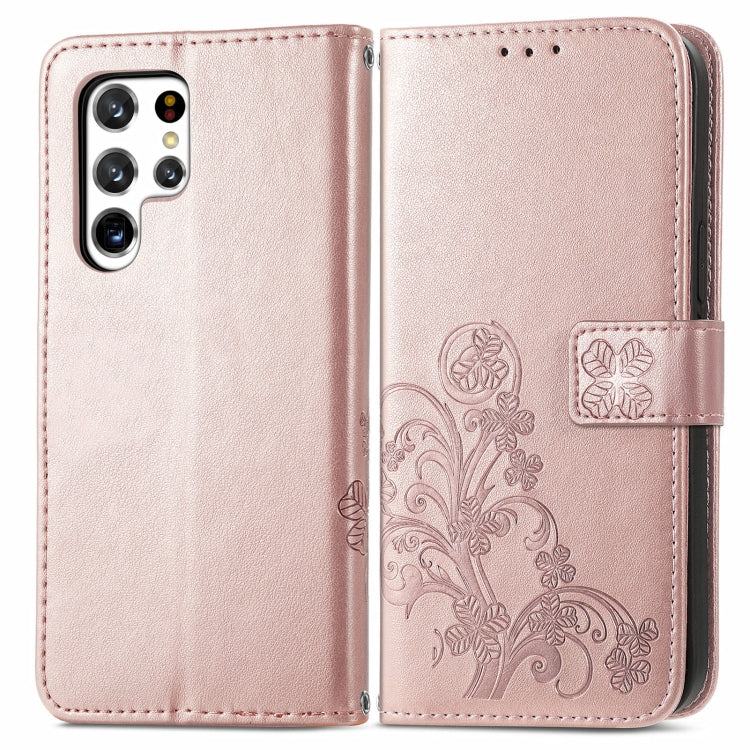 For Samsung Galaxy S22 Ultra 5G Four-leaf Clasp Embossed Leather Phone Case with Lanyard & Card Slot & Wallet & Bracket Function(Rose Gold)