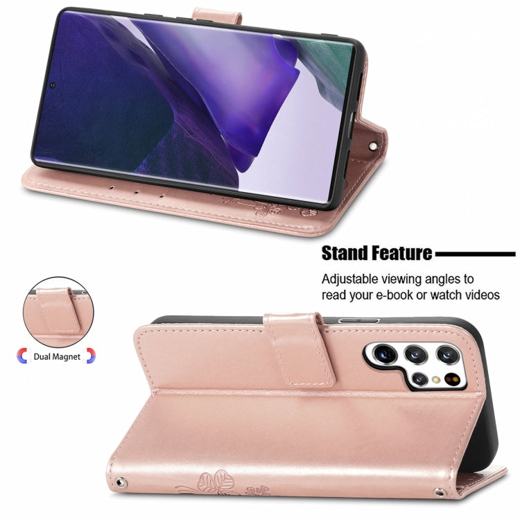 For Samsung Galaxy S22 Ultra 5G Four-leaf Clasp Embossed Leather Phone Case with Lanyard & Card Slot & Wallet & Bracket Function(Rose Gold)