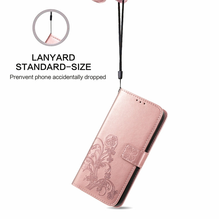 For Samsung Galaxy S22 Ultra 5G Four-leaf Clasp Embossed Leather Phone Case with Lanyard & Card Slot & Wallet & Bracket Function(Rose Gold)
