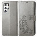 For Samsung Galaxy S22 Ultra 5G Four-leaf Clasp Embossed Leather Phone Case with Lanyard & Card Slot & Wallet & Bracket Function(Grey)