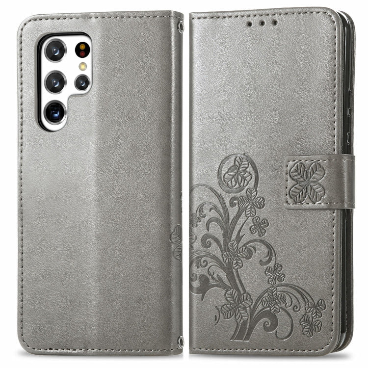 For Samsung Galaxy S22 Ultra 5G Four-leaf Clasp Embossed Leather Phone Case with Lanyard & Card Slot & Wallet & Bracket Function(Grey)