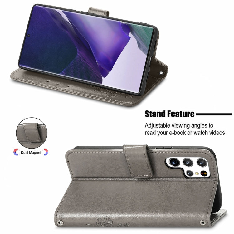 For Samsung Galaxy S22 Ultra 5G Four-leaf Clasp Embossed Leather Phone Case with Lanyard & Card Slot & Wallet & Bracket Function(Grey)