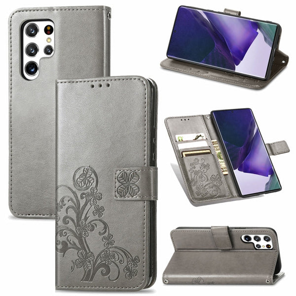 For Samsung Galaxy S22 Ultra 5G Four-leaf Clasp Embossed Leather Phone Case with Lanyard & Card Slot & Wallet & Bracket Function(Grey)