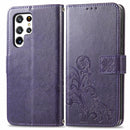 For Samsung Galaxy S22 Ultra 5G Four-leaf Clasp Embossed Leather Phone Case with Lanyard & Card Slot & Wallet & Bracket Function(Purple)